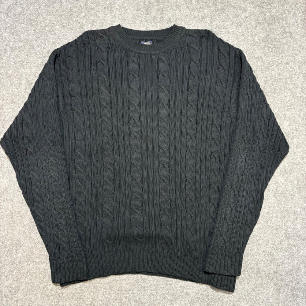 Dockers Mens XL Black Cable Knit Crewneck Sweater 100% Cotton Long Sleeve